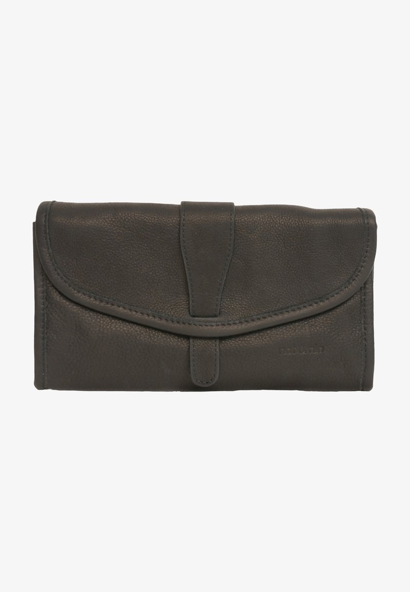 Graue Lederbörse mit einer strukturierten Oberfläche, ausgestattet mit einem Klappenverschluss und einem zentralen Riemen. Minimalistisches Design ohne sichtbare Beschläge.