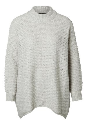 Pull tricoté gris clair avec motif texturé, col rond haut, manches longues et poignets côtelés.