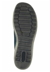 Suela de zapato de goma negra con un patrón de textura en el dibujo. Presenta una marca circular y marcas de talla incrustadas en el material.