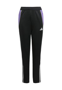 Schwarze Sporthose mit lila und grünen Seitenakzenten, elastischem Bund und weißen Streifen entlang der Seiten. Mit Adidas-Logo.