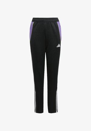 Zwarte sportbroek met paarse en groene zijkanten, elastische tailleband en witte gestreepte details langs de zijkanten. Voorzien van het Adidas-logo.