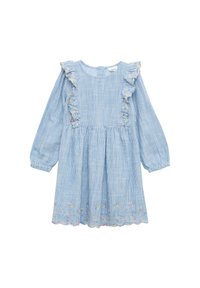 Blau gestreiftes Kleid mit langen Ärmeln, gerafftem Ausschnitt und bestickten floralen Akzenten am Saum. Hergestellt aus leichtem Stoff.