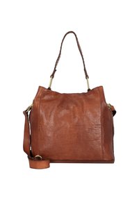 Borsa a tracolla in pelle marrone con un design spazioso, una tracolla singola e hardware in tonalità oro. Presenta una superficie morbida e testurizzata e senza motivi visibili.