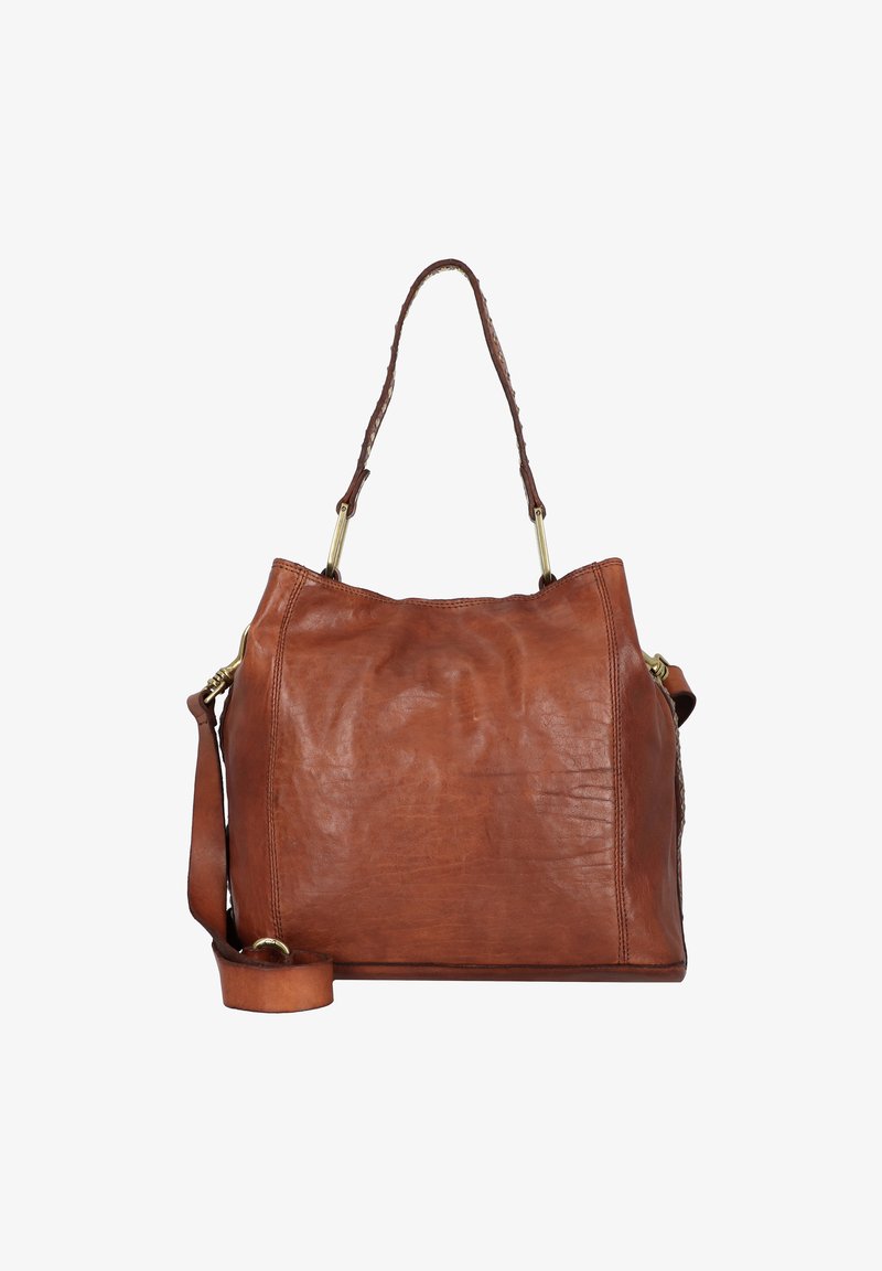 Borsa a tracolla in pelle marrone con un design spazioso, una tracolla singola e hardware in tonalità oro. Presenta una superficie morbida e testurizzata e senza motivi visibili.