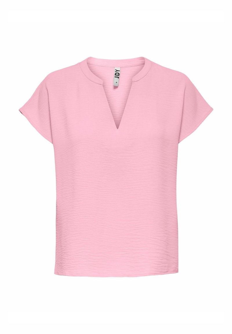 Helles rosa Kurzarmoberteil mit V-Ausschnitt, strukturiertem Stoff und lockerer Passform. Schlichtes Design ohne zusätzliche Muster oder Akzente.