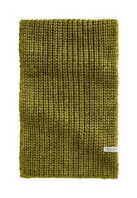 Oliwkowo zielony prążkowany dziergany szalik z małą prostokątną białą metką marki na dolnej prawej stronie.
