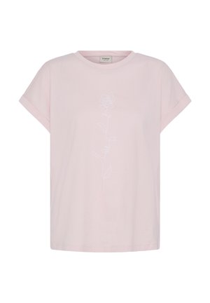 Camiseta de manga corta color rosa claro con puños doblados, que presenta un dibujo minimalista en línea blanca de una rosa y un perfil facial en el centro delantero.