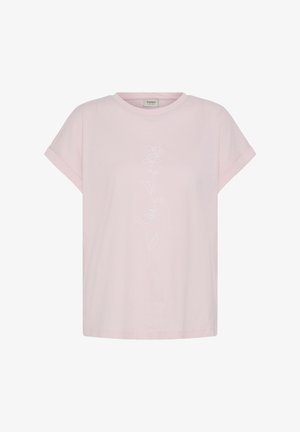 Camiseta de manga corta color rosa claro con puños doblados, que presenta un dibujo minimalista en línea blanca de una rosa y un perfil facial en el centro delantero.