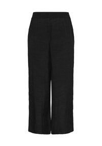 Pantalones anchos negros hechos de una tela ligera y texturizada, con una cintura elástica para mayor comodidad. Sin bolsillos ni cierres visibles.