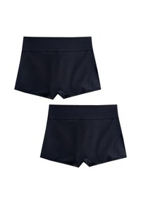 Crne kratke hlače od glatkog materijala, s širokim pojasom i jednostavnim dizajnom bez vidljivih uzoraka ili metalnih detalja.