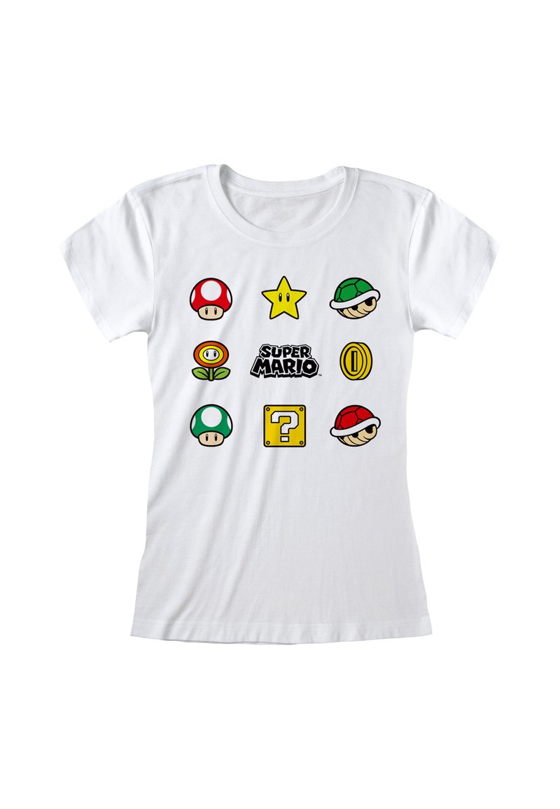 Bílý tričko s barevnými grafikami Super Mario: červené a zelené houbové ikony, hvězda, květina, ikony skořápky a text "Super Mario" vycentrovaný.