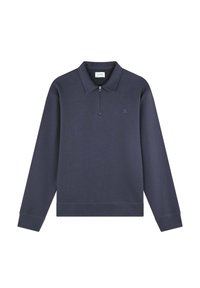 Marineblauw pullover met lange mouwen, een ritskraag, ribgebreide manchetten en een tailleband; heeft een klein logo op de borst.