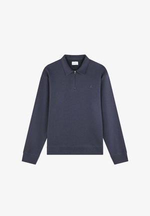 Marineblauer Pullover mit langen Ärmeln, einem Reißverschlusskragen, gerippten Bündchen und Saum; verfügt über ein kleines Logo auf der Brust.