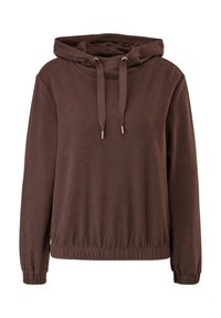 Brun fleecehoodie med hög krage, dragsnören och elastiska muddar. Har en avslappnad passform och ribbad fåll för komfort.