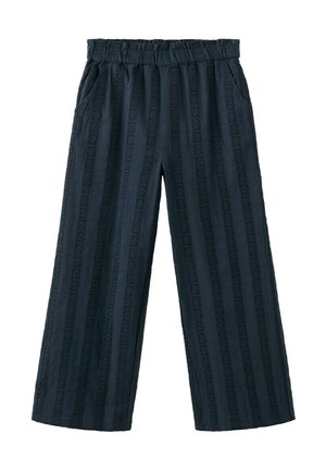 Pantalon large noir avec taille élastique et motif en dentelle rayée verticale, doté de poches latérales et d'une coupe ample.