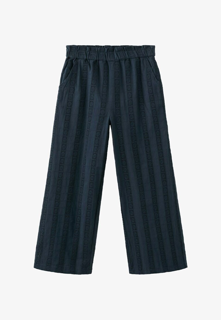 Schwarze, weit geschnittene Hosen mit elastischem Bund und vertikal gestreiftem Spitzenmuster, ausgestattet mit Seitentaschen und lockerem Sitz.