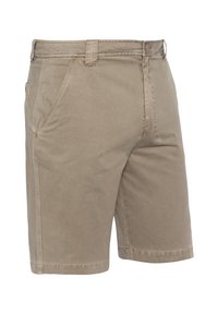 Beige katoenen shorts met een platte voorkant, zijzakken en subtiele stiksels. Lengte tot halverwege de bovenbenen met een klassieke snit en lichte textuur.