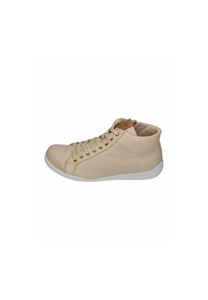 Beige leather high-top shoe with a lace-up design, textured surface, white rubber sole, and a tan inner lining visible at the collar.
