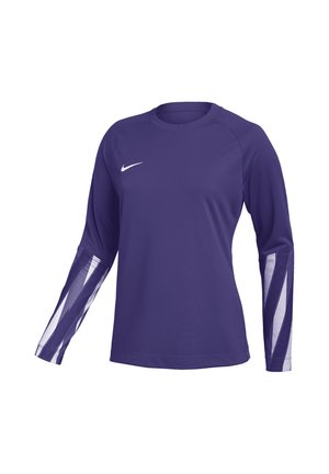 Maillot de sport violet à manches longues avec logo Nike blanc sur la poitrine et bandes blanches diagonales sur le bas des manches.
