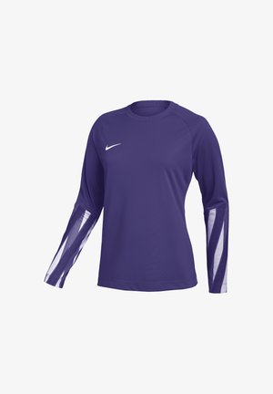 Fioletowa sportowa koszulka z długim rękawem, z białym logo Nike na piersi oraz białymi ukośnymi paskami na dolnych rękawach.