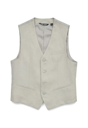 Chaleco formal de hombre en beige claro con cuatro botones delanteros, dos bolsillos inferiores de ribete y un bolsillo superior de ribete, sin mangas con cuello en V.
