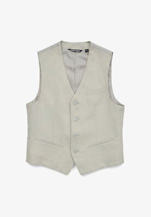 Chaleco formal de hombre en beige claro con cuatro botones delanteros, dos bolsillos inferiores de ribete y un bolsillo superior de ribete, sin mangas con cuello en V.