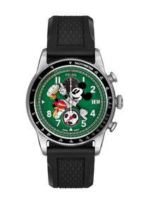 Green watch face with Mickey Mouse in soccer outfit, black textured strap, chronograph dials, date display, and tachymeter bezel.