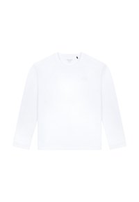Camiseta de manga larga blanca de algodón. Presenta un cuello redondo, un logo bordado en el lado izquierdo del pecho y un corte recto en el dobladillo.