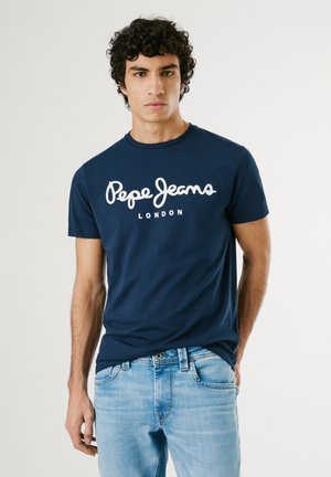 Mörkblå bomulls T-shirt med rund halsringning, med vit "Pepe Jeans LONDON" logo framtill, korta ärmar, slim fit design.