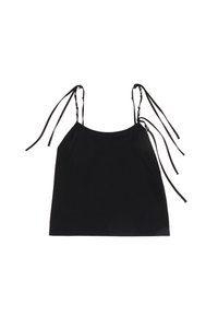 Top senza maniche nero con spalline regolabili; realizzato in tessuto liscio; vestibilità comoda; design semplice senza motivi o abbellimenti.