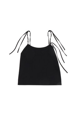 Top senza maniche nero con spalline regolabili; realizzato in tessuto liscio; vestibilità comoda; design semplice senza motivi o abbellimenti.