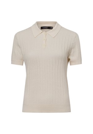 Kurzärmliges Poloshirt in hellbeige, mit gerippter Textur, klassischem Kragen und drei Knöpfen am Ausschnitt. Weicher Stoffabschluss.