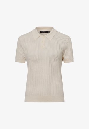 Korte mouwen polo shirt in lichtbeige, met ribbeltextuur, een klassieke kraag en drie knopen bij de halslijn. Zachte stofafwerking.