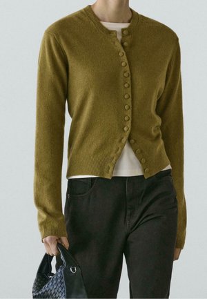 Personne portant un cardigan boutonné vert olive sur un haut blanc et un pantalon noir, tenant un sac à main noir tressé dans une main.