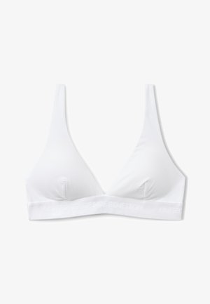White soft triangle cup bra with thin straps and elastic band featuring embossed brand text "United Colors of Benetton."