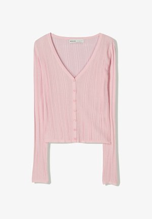 Pink, ribbed, cropped cardigan with long sleeves, V-neckline, and six button closures down the front. Soft texture, lightweight fabric.
