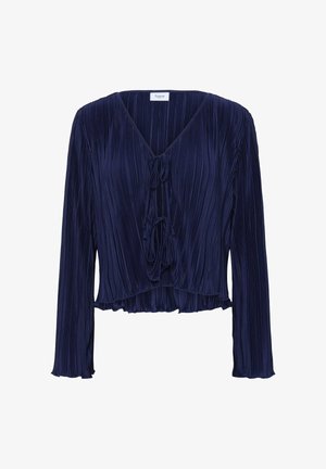 Marineblaue, gefaltete Bluse mit langen Ärmeln und V-Ausschnitt. Sie verfügt über einen Knotenverschluss vorne und einen kurzen Saum mit fransigen Kanten.