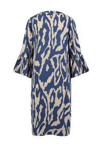 Blaues und beiges gemustertes Kleid mit entspanntem Schnitt, mit rüschierten Ärmeln und rundem Ausschnitt, aus leichtem Stoff gefertigt.