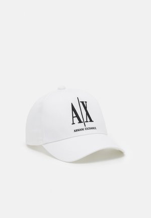 Cappellino da baseball bianco in cotone con corona arrotondata, visiera curva, caratterizzato dal logo ricamato nero "AX" e dalla scritta "ARMANI EXCHANGE."