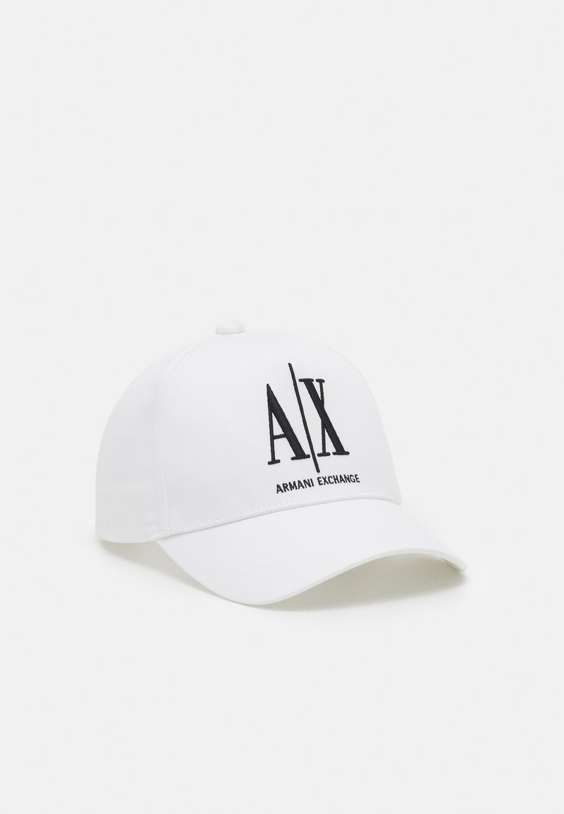 Cappellino da baseball bianco in cotone con corona arrotondata, visiera curva, caratterizzato dal logo ricamato nero "AX" e dalla scritta "ARMANI EXCHANGE."