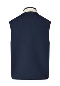 Marineblauwe mouwloze jas met een witte kraagband, gezien van achteren tegen een witte achtergrond.