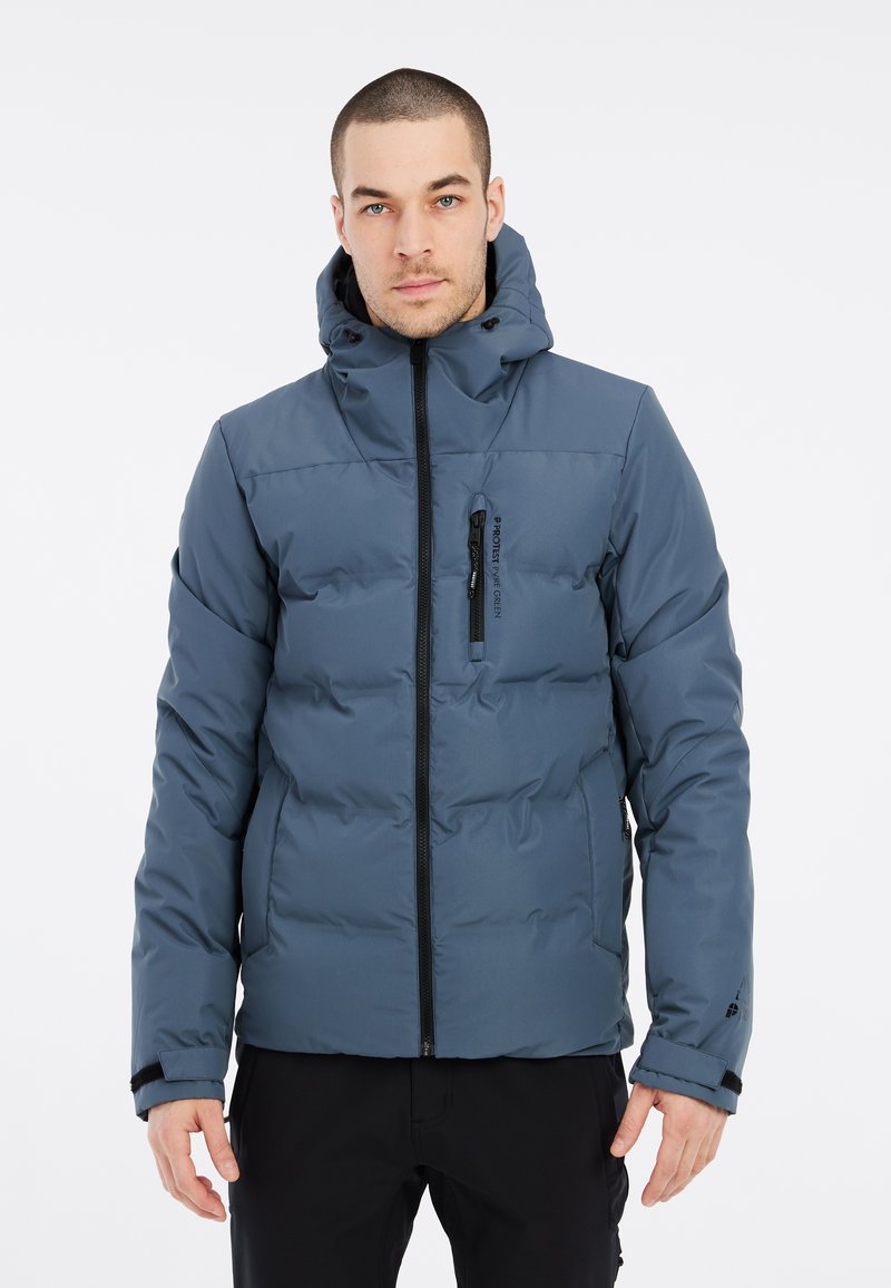 Padded Kapuzenjacke in Dunkelblau mit Reißverschluss, Reißverschlusstasche auf der Brust und elastischen Bündchen. Glatte Textur ohne sichtbare Muster oder Akzente.