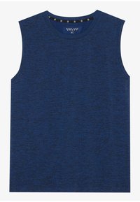 Αμάνικο μπλε μπλουζάκι φτιαγμένο από υφή βαμβακερού μείγματος, που διαθέτει στρογγυλή λαιμόκοψη και ετικέτα μέσα από τον γιακά με λεπτομέρειες της μάρκας.