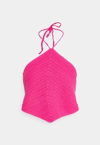 Růžový háčkovaný bikini top s Chevron vzorem, zavazováním za krk a trojúhelníkovým tvarem. Texturovaná tkanina s otevřeným tkaním.