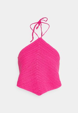 Pink crochet bikini top featuring a chevron pattern, halter neck ties, and a triangular shape. Textured fabric with open weave design.