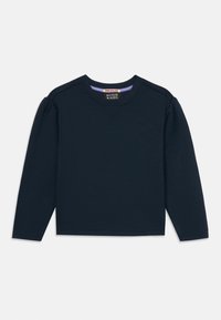 Mörkblå långärmad skjorta i mjukt tyg. Har rund halsringning, l�ätt utsvängda ärmar och en liten logotyp på bröstet.