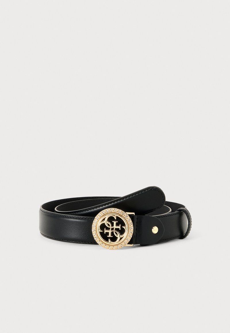 Ceinture en cuir noire avec boucle ronde dorée ornée de cristaux transparents et un motif de lettres entrelacées centré sur un fond blanc.