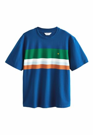 Blue short-sleeve T-shirt with green, white, and orange horizontal stripes across the chest and a small yellow logo on the green stripe.