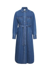 Denim shirtjurk met lange mouwen, knopen aan de voorkant, twee borstzakken, een ceintuur in de taille en contrasterende stiksels. Klassieke blauwe kleur.