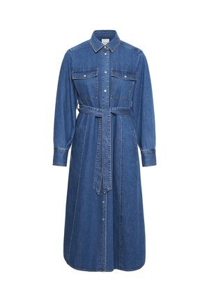 Vestido de camisa de denim con mangas largas, botonera frontal, dos bolsillos en el pecho, cintura ceñida con cinturón y detalles de costura en contraste. Color azul clásico.